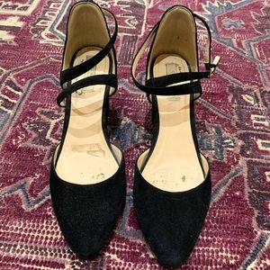 Black suede wedge heels with crossed ankle straps